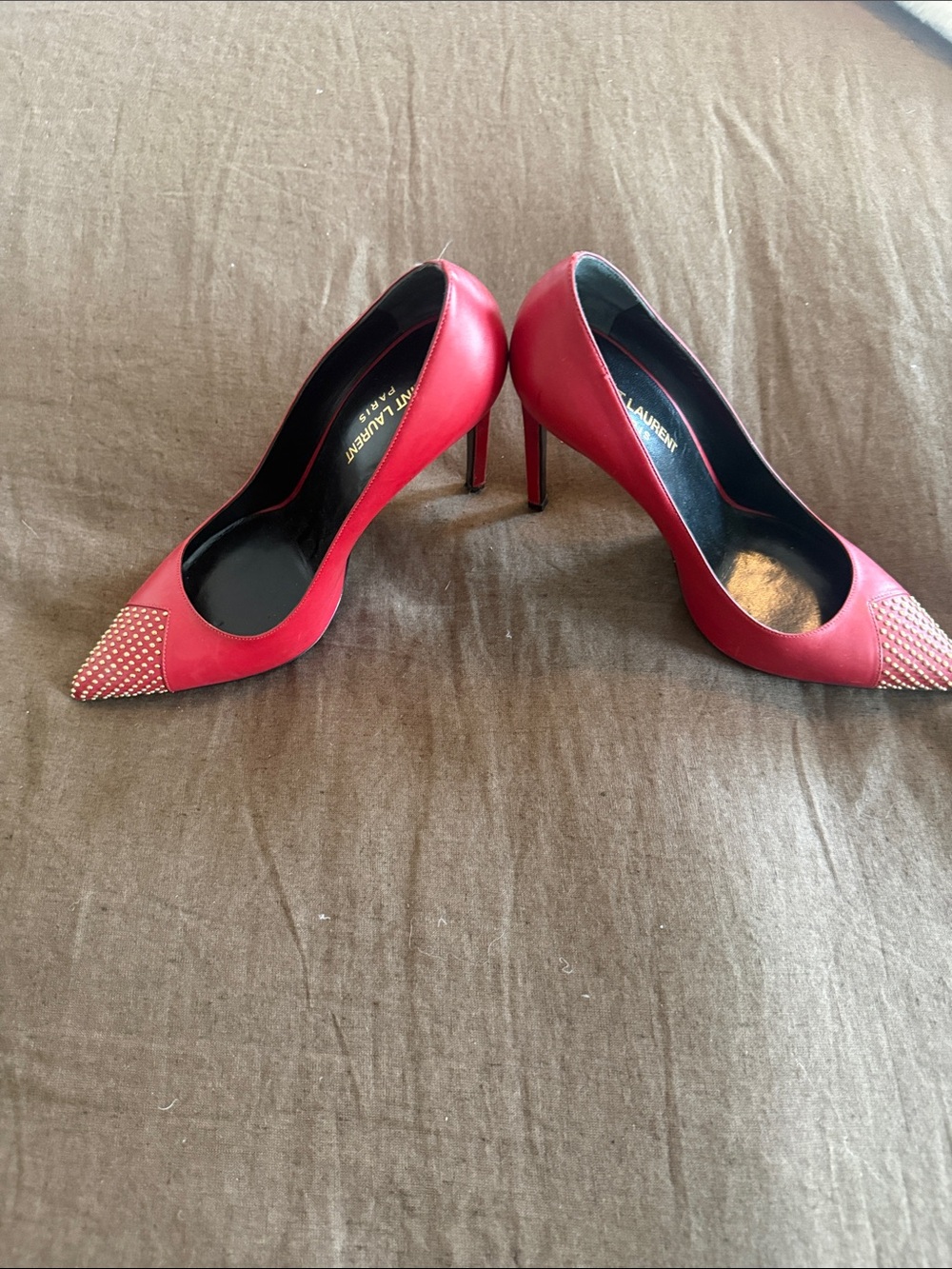 Saint Laurent Red Pointed Toe Crystal-Cap Pumps